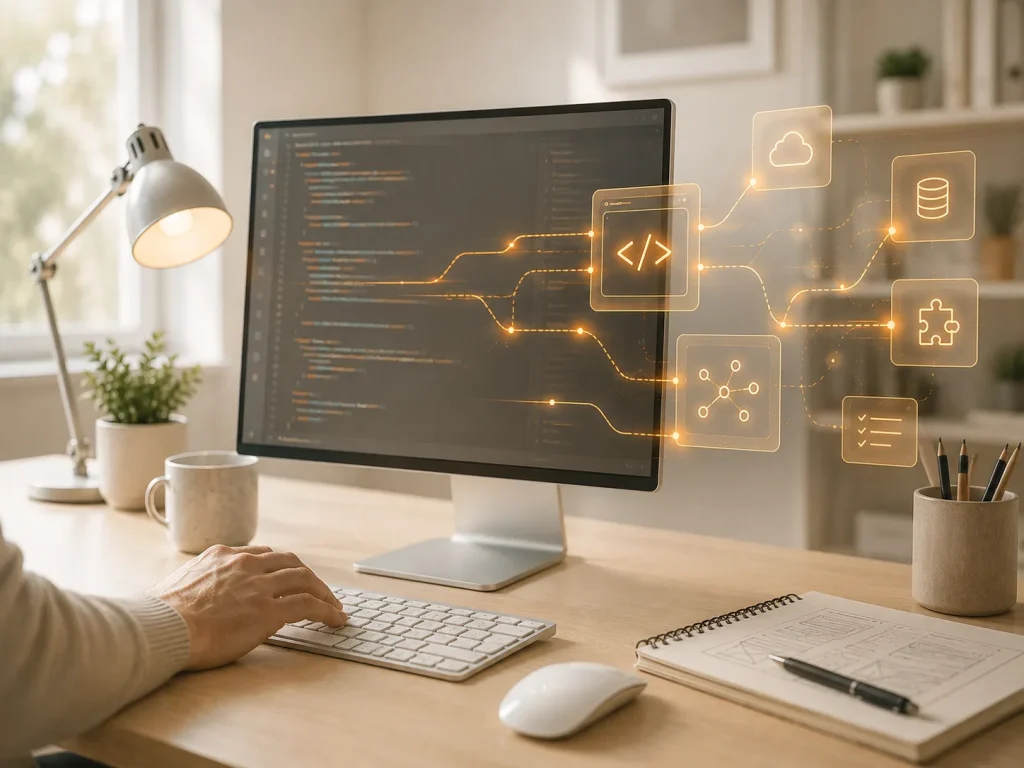 Bildschirm mit Programmcode und vernetzten Symbolen für Automatisierung und Schnittstellen