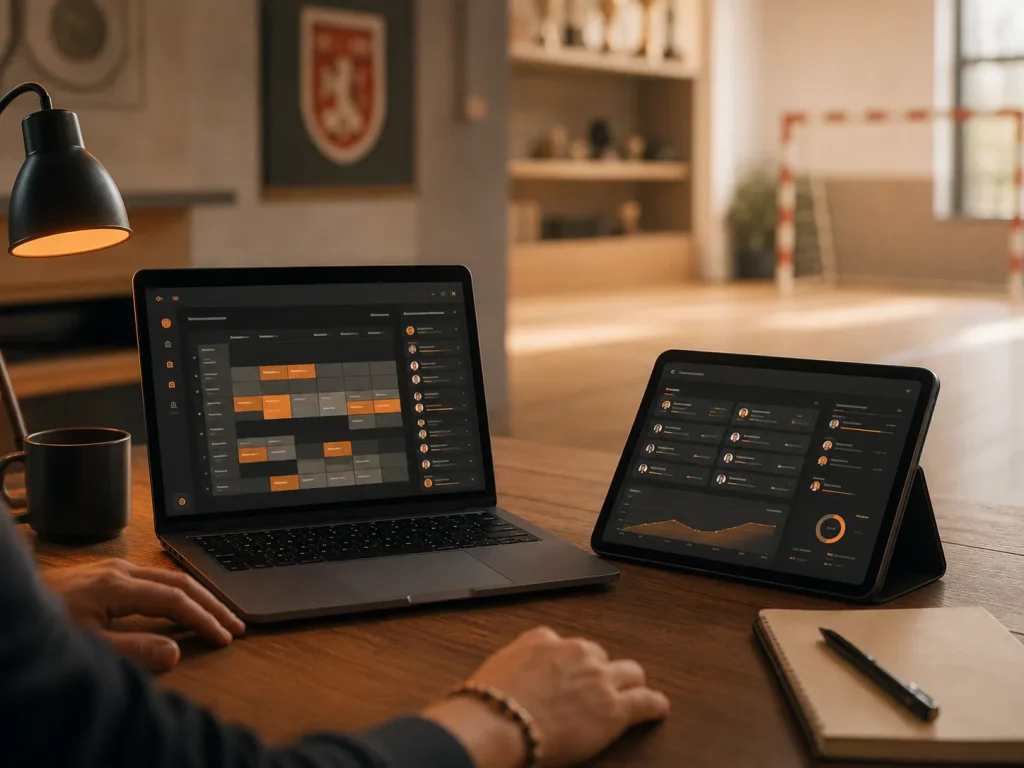 Laptop und Tablet mit Vereinskalender und Mitgliederverwaltung auf einem Schreibtisch