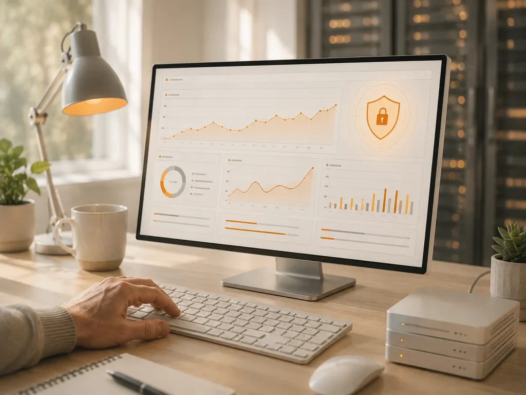 Monitoring-Dashboard mit Diagrammen und einem Sicherheits-Schild